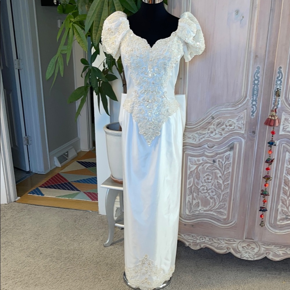 Mori Lee White Beaded Lace Wedding Dress with Puff Sleeves